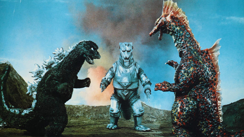 Japanese poster art, from left: Godzilla, Mechagodzilla, in TERROR OF MECHAGODZILLA, 1975.
