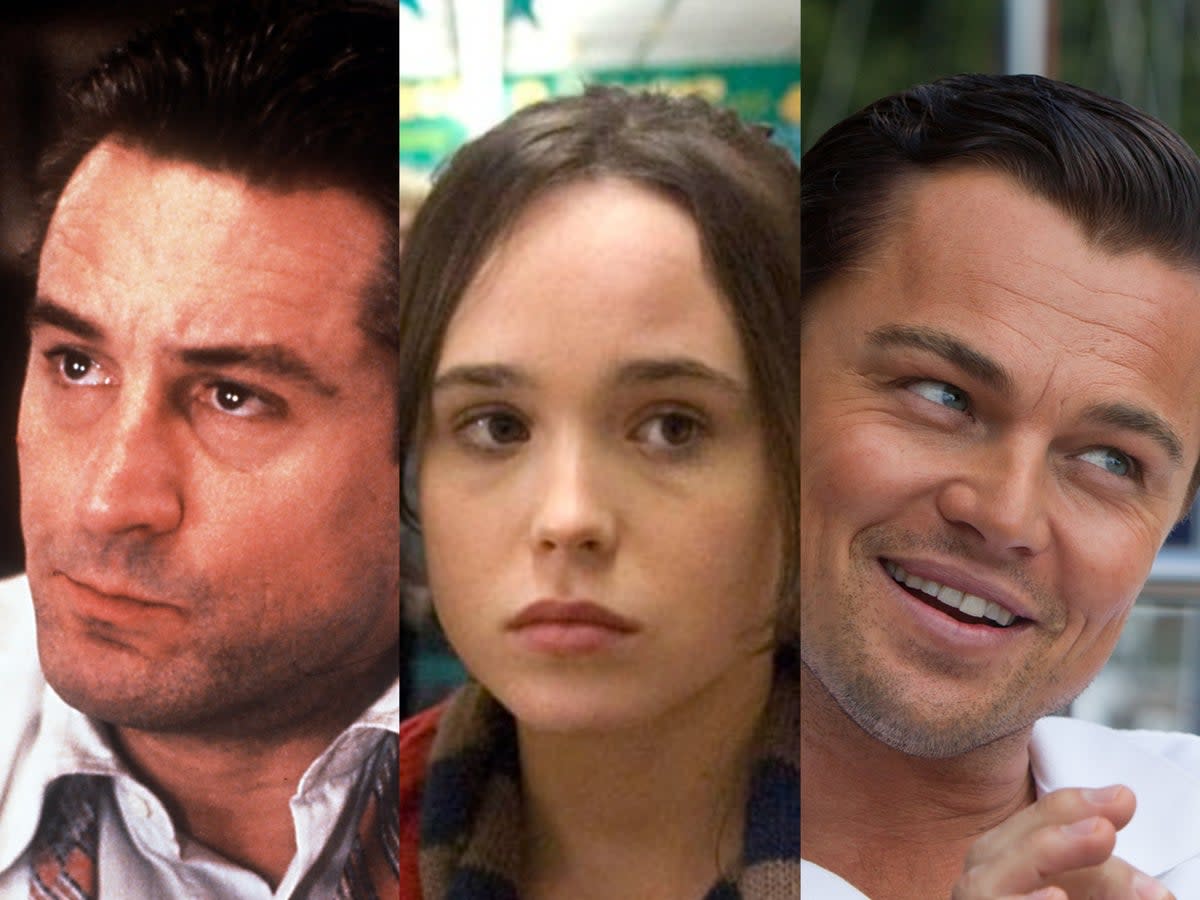 Robert De Niro in ‘Goodfellas’, Elliot Page in ‘Juno’, and Leonardo DiCaprio in ‘Wolf of Wall Street' (Warner Bros/Searchlight/Paramount)