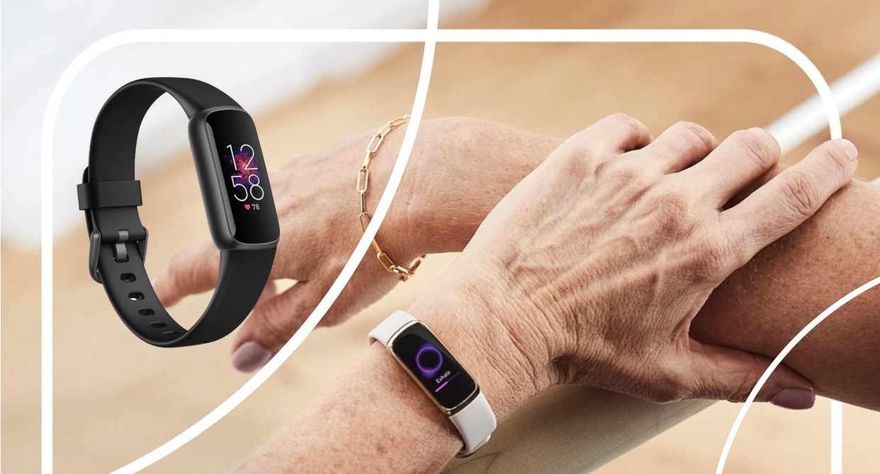 Save on a Fitbit Luxe Fitness and Wellness Tracker with Stress Management (photos via Amazon).