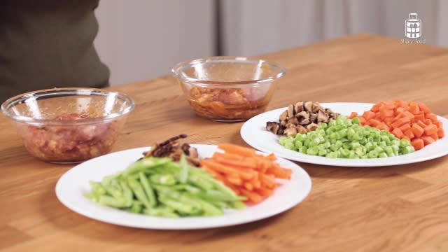 Prepared vegetables and meat for Chinese Fried Noodles and Egg Fried Rice