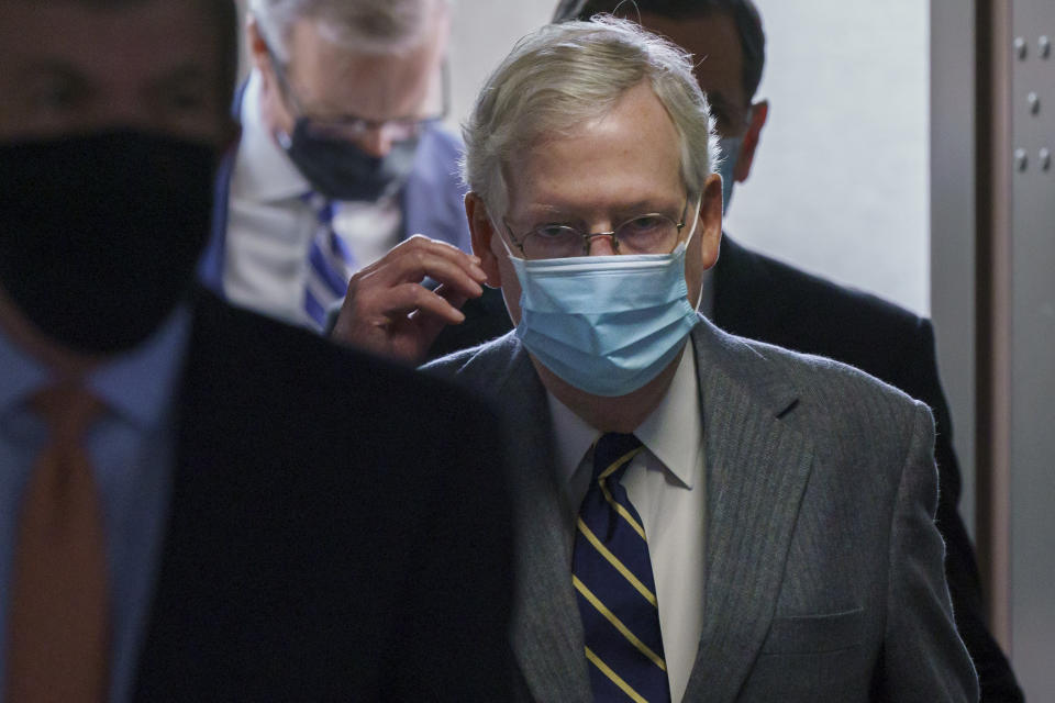 Senate Majority Leader Mitch McConnell, R-Ky., arrives to talk to reporters after a Republican Conference luncheon, on Capitol Hill in Washington, Tuesday, Nov. 17, 2020. (AP Photo/J. Scott Applewhite)