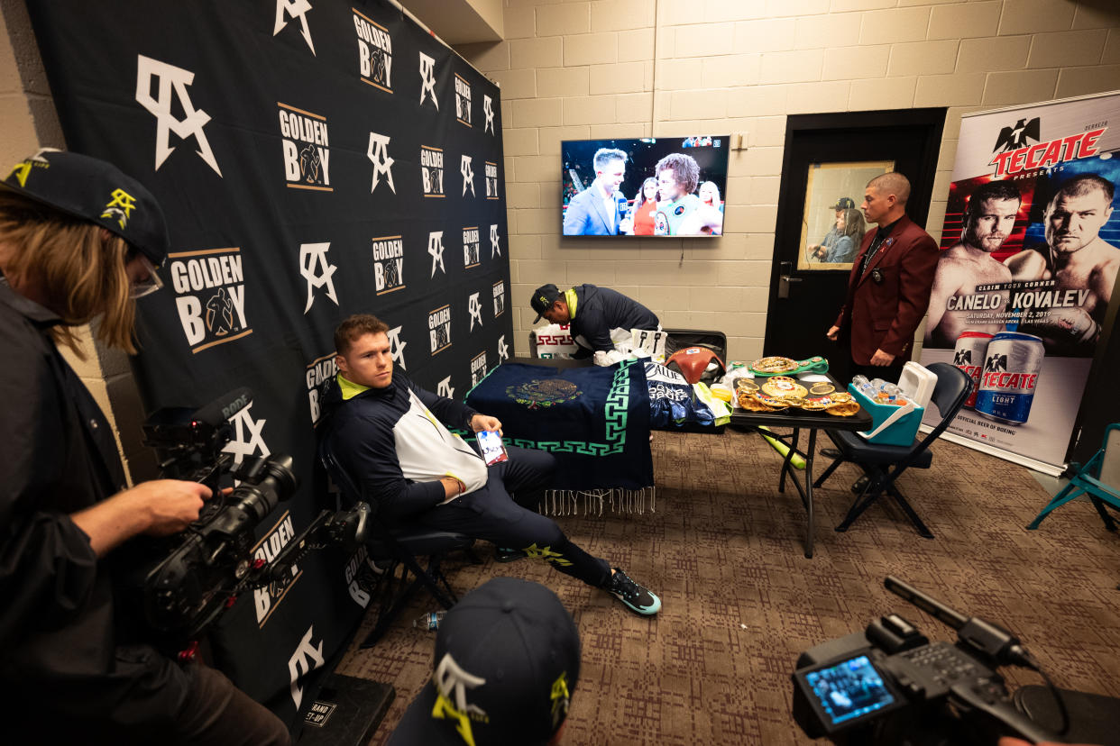 LAS VEGAS, NV - NOVEMBER 02: Boxer Canelo Alvarez in the dressing room before he fights the defending champion Sergey Kovalev the WBO Light Heavyweight championship at MGM Grand Garden Arena on November 2, 2019 in Las Vegas, Nevada (Photo by Sye Williams/Getty Images)