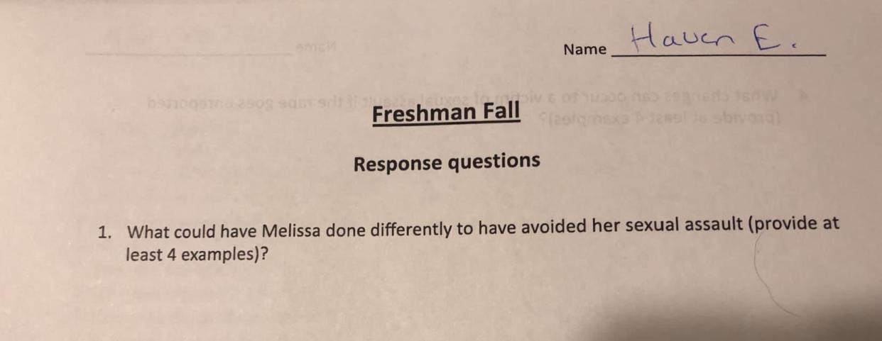 10th-grade students at students at Bradford High School in Kenosha, Wisconsin were asked what a fictional girl could have done to avoid sexual assault, as part of a class assignment. (Photo: Facebook/Charity Willard Eigenberger)