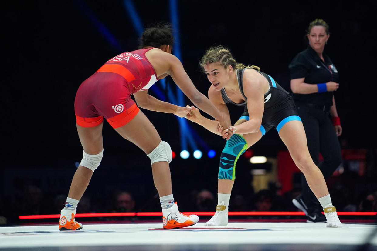 Helen Maroulis, left, wrestles Jacarra Winchester in the Women's Freestyle 57kg Championship Finals of the Olympic Wrestling Team Trials on Park, Pa. on April, 20, 2024.<span class="copyright">Gregory Fisher—Icon Sportswire/Getty Images</span>