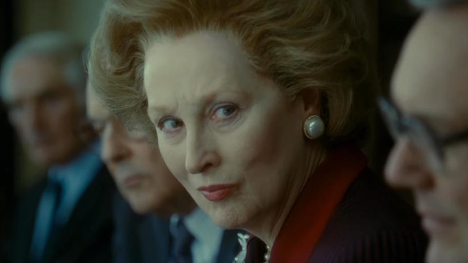 Meryl Streep, as Margaret Thatcher, attends a fateful cabinet meeting in the movie The Iron Lady