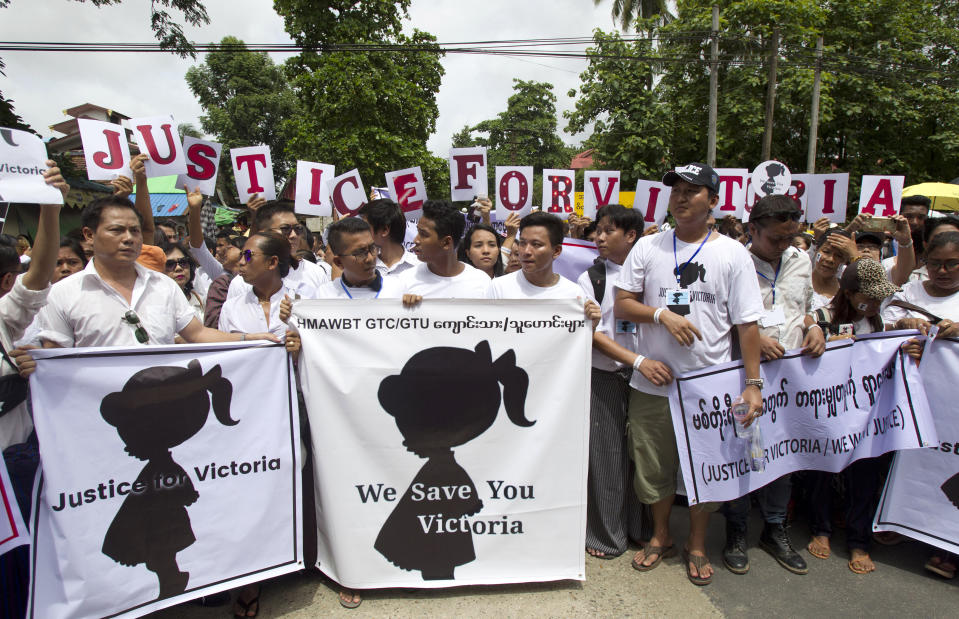 People stage a protest in Yangon, Myanmar Saturday, July 6, 2019. Hundreds of people marched to Myanmar’s Central Investigation Department on Saturday in Yangon to demand justice for a 2-year-old girl who was allegedly raped in the country’s capital in May. (AP Photo/Thein Zaw)