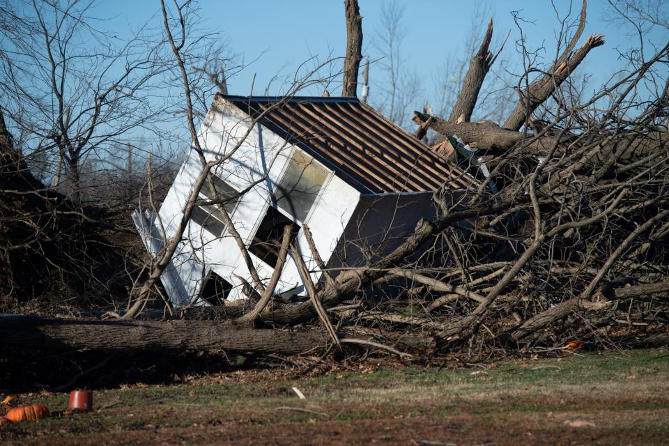 A flipped over building after the tornado in Bremen, Ky., Sunday, Dec. 12, 2021. The tornado hit the town Friday evening.