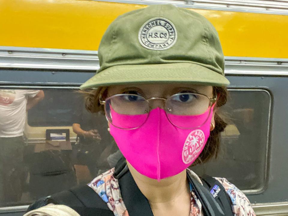 The author prepares to board a business-class train in Canada.