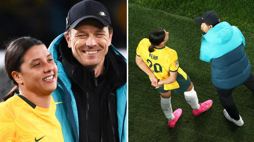 Matildas coach Tony Gustavsson smiles next to Sam Kerr and Kerr about to be substituted.