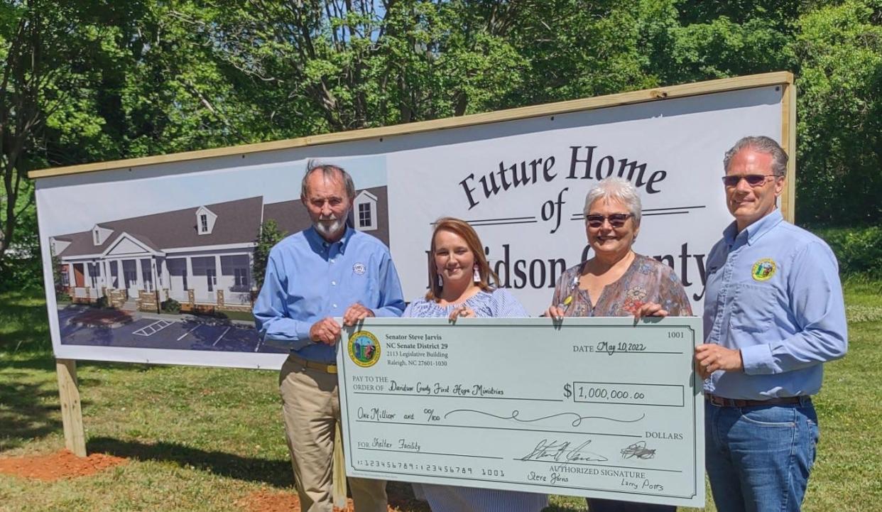 Rep. Larry Potts and Sen. Steve Jarvis presented a check for $1 million to First Hope Ministries to help fund the new homeless shelter on Robbins Street next to the Salvation Army of Davidson County. Pictured are Rep. Potts; Ashley Phillips, executive director of DC First Hope Ministries; Sandy Motley, director of Medical Ministries of Davidson County and Rep. Jarvis.