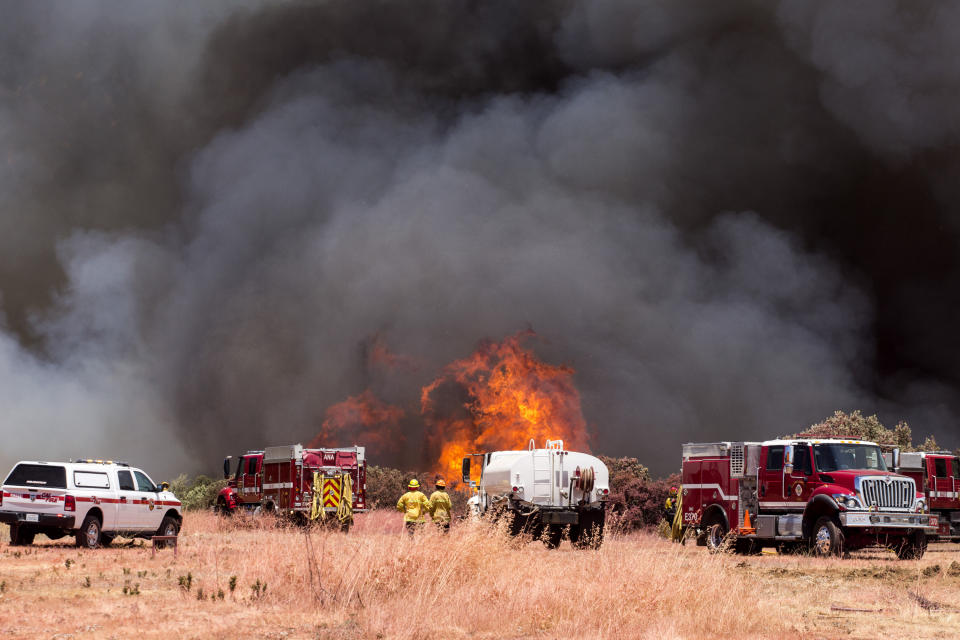 Firefighters battle the Apple Fire in Cherry Valley, Calif., Saturday, Aug. 1, 2020. A wildfire northwest of Palm Springs flared up Saturday afternoon, prompting authorities to issue new evacuation orders as firefighters fought the blaze in triple-degree heat.(AP Photo/Ringo H.W. Chiu)