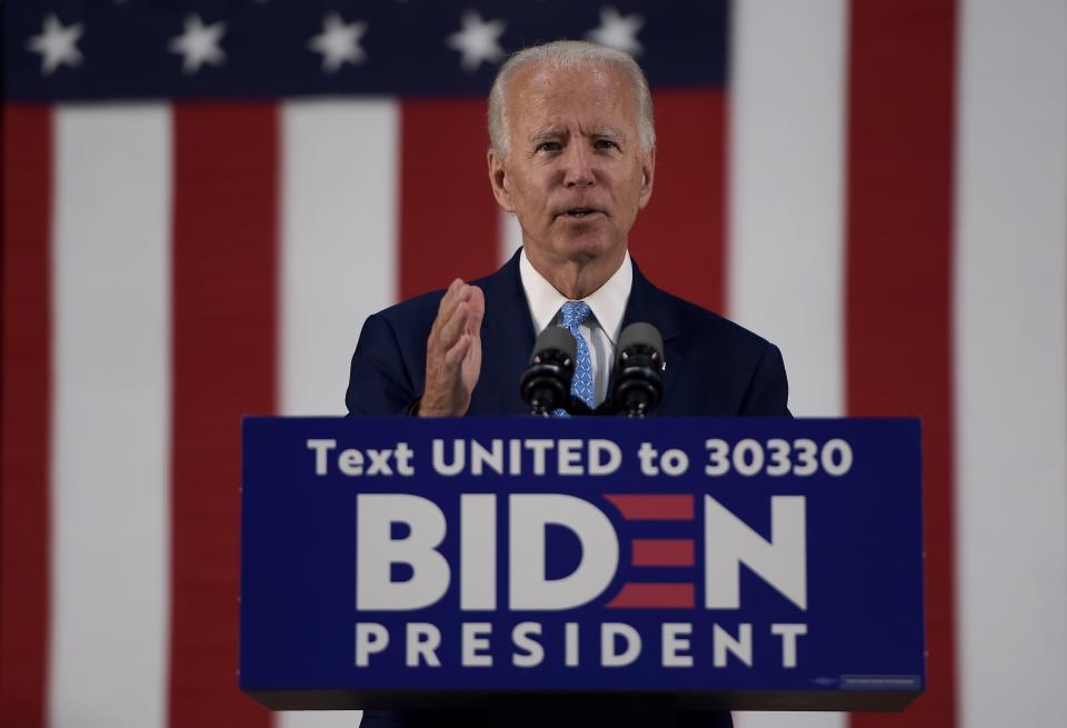 US Democratic presidential candidate Joe Biden speaks on June 30, 2020, in Wilmington, Delaware. (Photo by Brendan Smialowski / AFP) (Photo by BRENDAN SMIALOWSKI/AFP via Getty Images)