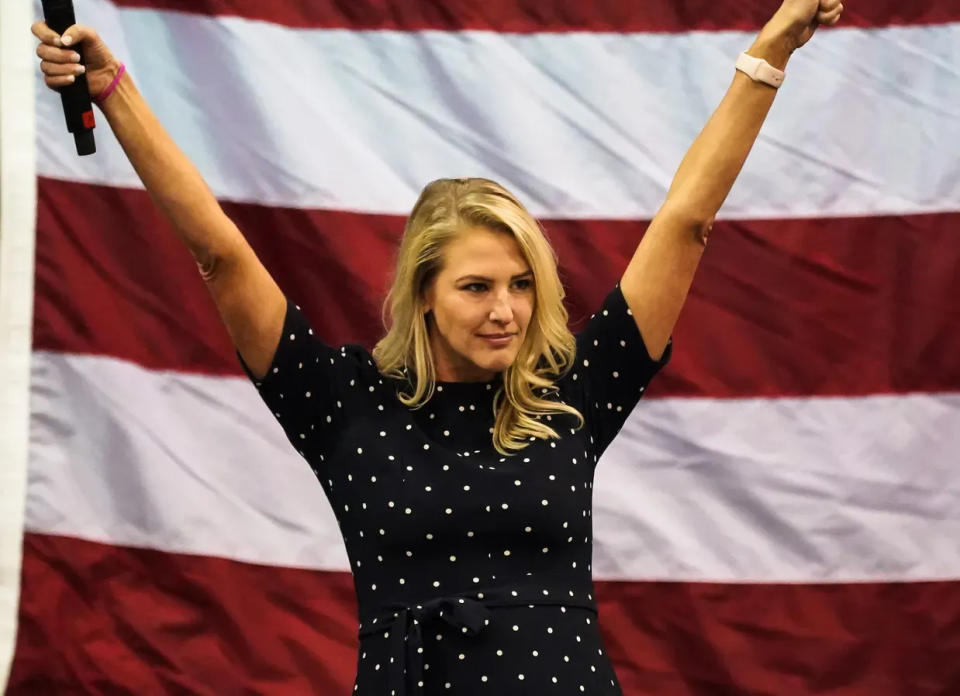 Bridget Ziegler speaks at a rally for local Republican candidates in Robarts Arena, in Sarasota, in July 2022.