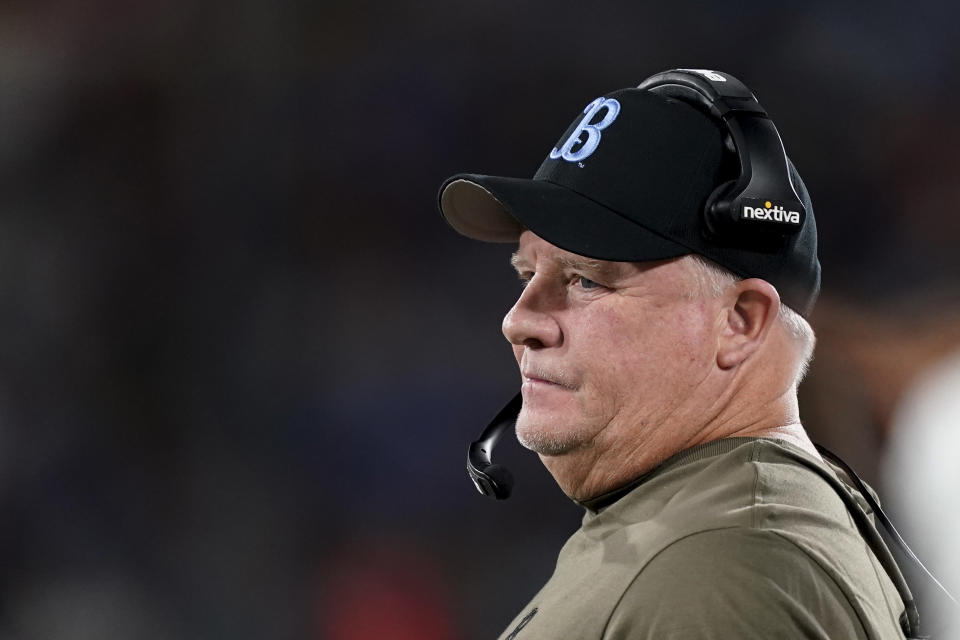 UCLA coach Chip Kelly watches during the first half of the team's NCAA college football game against Arizona State, Saturday, Nov. 11, 2023, in Pasadena, Calif. (AP Photo/Ryan Sun)