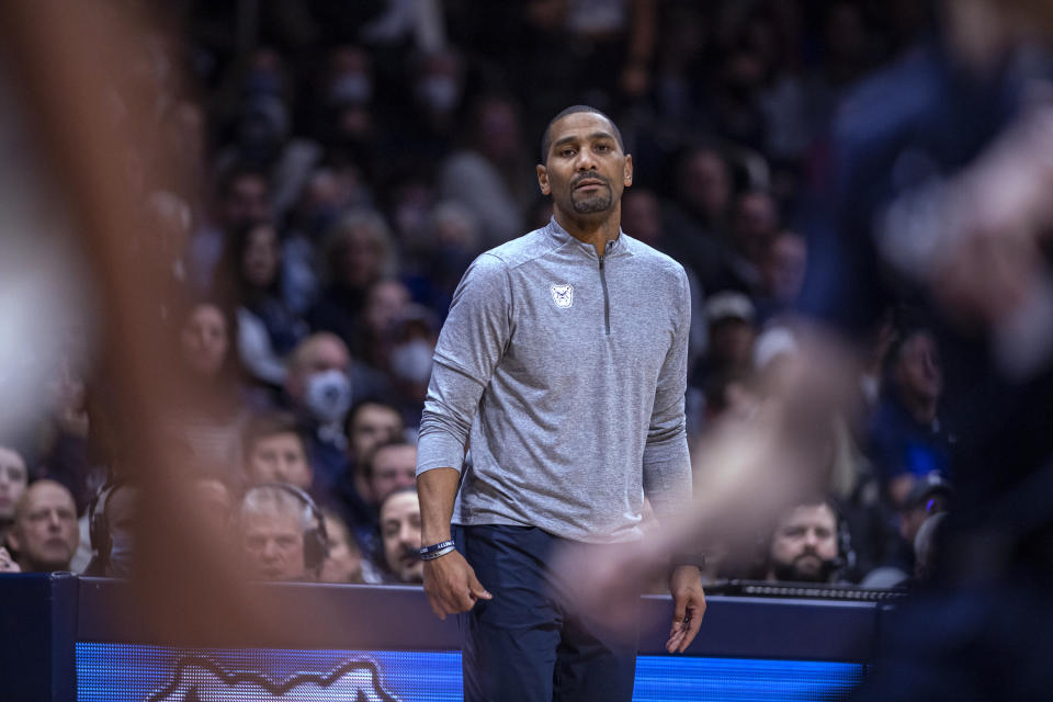 Butler coach LaVall Jordan watches the team play Xavier during the first half of an NCAA college basketball game Friday, Jan. 7, 2022, in Indianapolis. (AP Photo/Doug McSchooler)