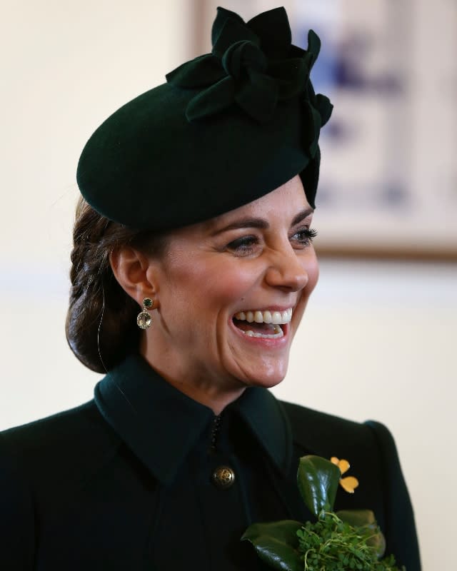 <p>At the 2017 St. Patrick’s Day parade, <a href="https://www.sheknows.com/entertainment/slideshow/2524282/kate-middleton-royal-fashion-photos/" rel="nofollow noopener" target="_blank" data-ylk="slk:Kate Middleton;elm:context_link;itc:0" class="link ">Kate Middleton</a> — like always — rocked a stunning ensemble, this time a green dress coat. However, her heels got stuck in the street grate, nearly tipping over. But with grace and poise, she knelt down to grab it and laughed it off while she continued with her day.</p>