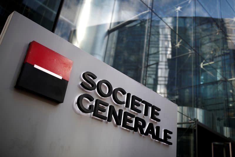 FILE PHOTO: The logo of Societe Generale is seen on the headquarters at the financial and business district of La Defense near Paris