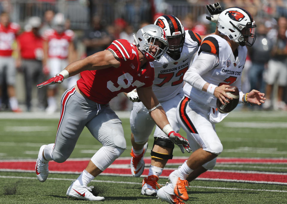 FILE - In this Sept. 1, 2018, file photo, Ohio State defensive lineman Nick Bosa plays against Oregon State during an NCAA college football game, in Columbus, Ohio. Bosa is a possible pick in the 2019 NFL Draft. (AP Photo/Jay LaPrete, File)