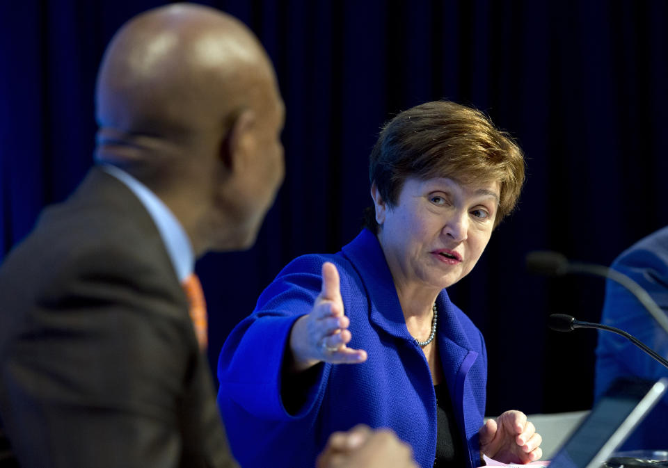 International Monetary Fund Managing Director Kristalina Georgieva speaks during a news conference after the International Monetary and Financial Committee (IMFC) meeting, at the World Bank/IMF Annual Meetings in Washington, Saturday, Oct. 19, 2019. (AP Photo/Jose Luis Magana)