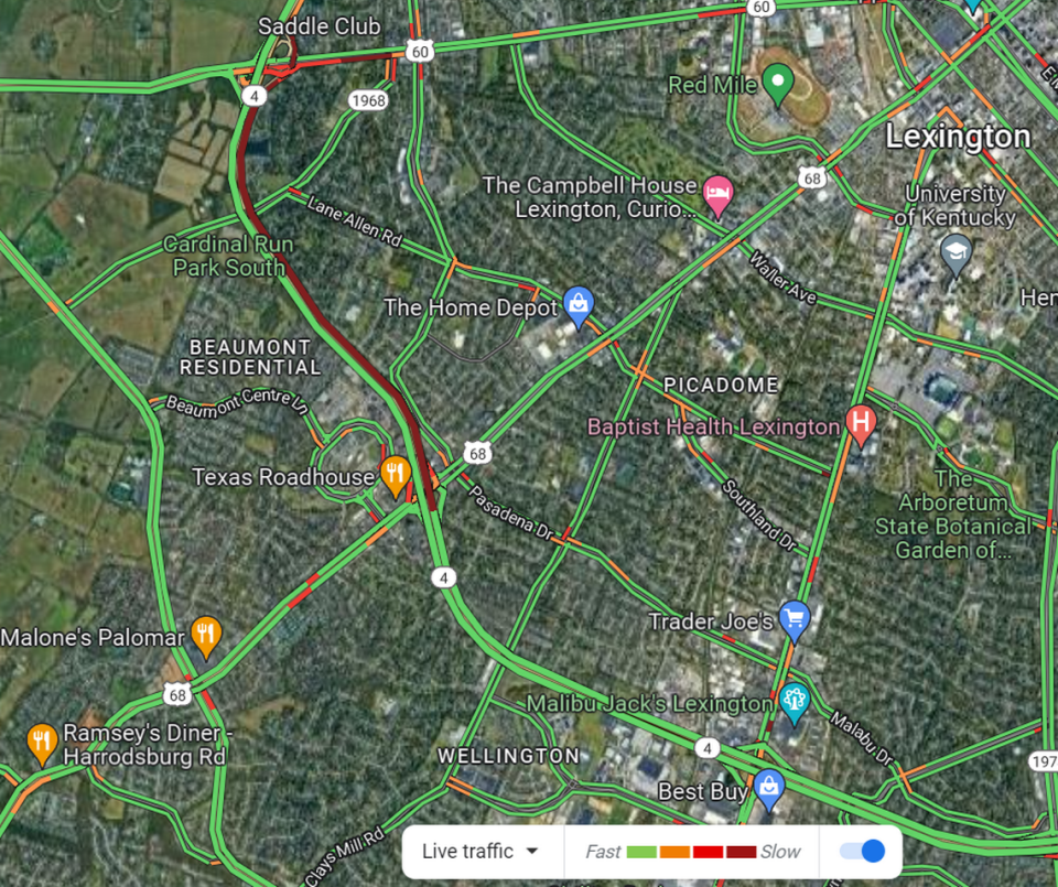 A screenshot of Google Maps’ traffic data shows major backup on New Circle Road near Versailles Road due to an overturned tractor-trailer accident.