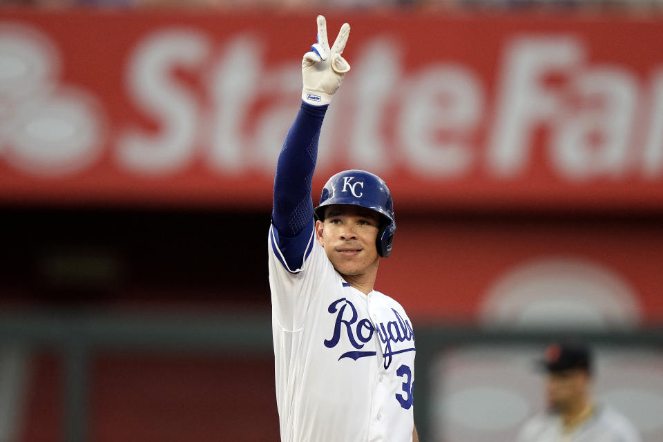 Kansas City Royals' Freddy Fermin celebrates on second after hitting an RBI double during the fourth inning of a baseball game against the Detroit Tigers Tuesday, July 18, 2023, in Kansas City, Mo. (AP Photo/Charlie Riedel)
