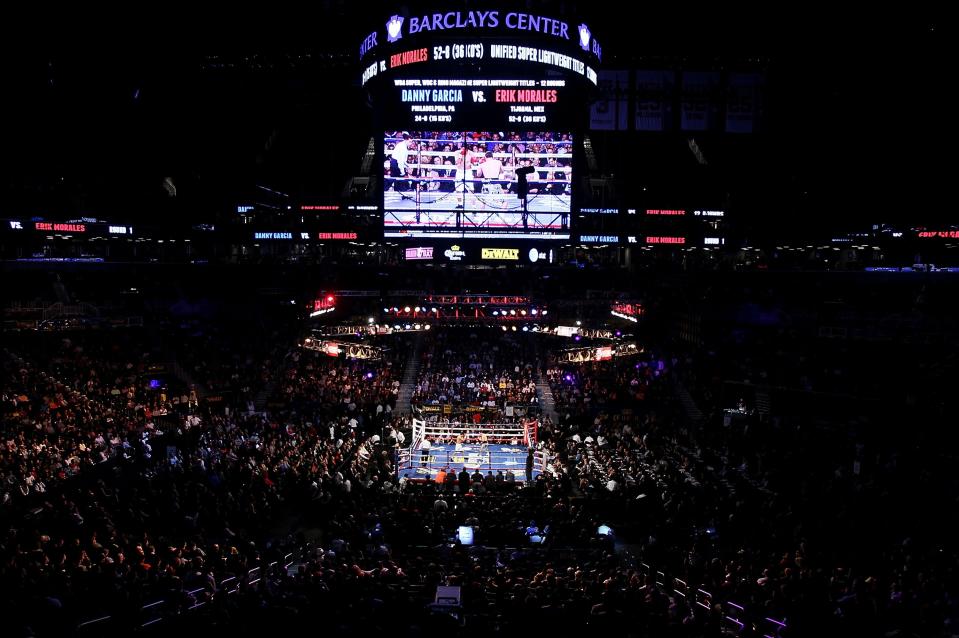 NEW YORK, NY - OCTOBER 20: A general view of the ring as Danny Garcia and Erik Morales exchange punches during their WBA Super, WBC & Ring Magazine Super Lightweight title fight at the Barclays Center on October 20, 2012 in the Brooklyn borough of New York City. (Photo by Alex Trautwig/Getty Images)