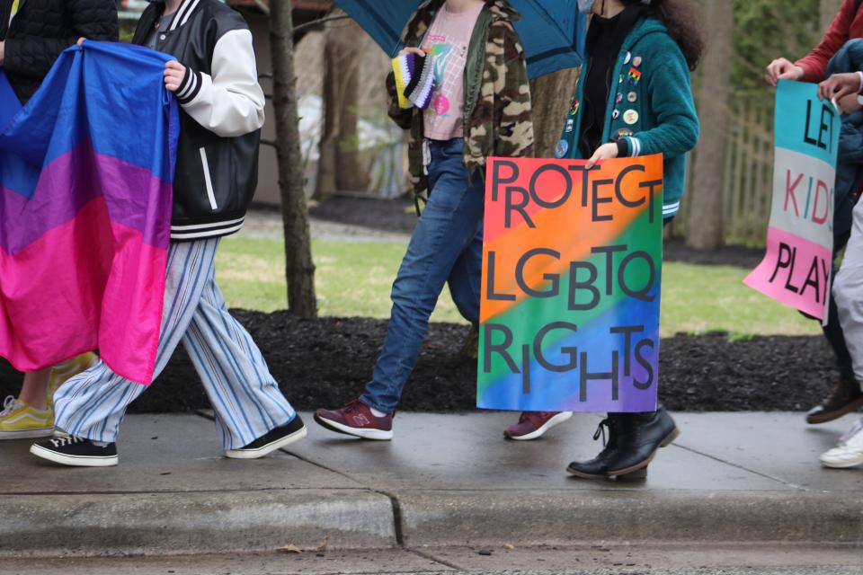 West Lafayette Jr./Sr. High School students conduct a walkout in support of queer youths, on April 8, 2022, in West Lafayette