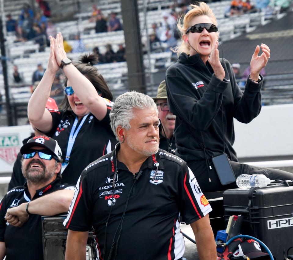 The crew of Dale Coyne Racing with HMD Motorsports driver David Malukas (18) reacts as he makes the qualifying cut Saturday, May 20, 2023, during first day of qualifying ahead of the 107th running of the Indianapolis 500 at Indianapolis Motor Speedway. 