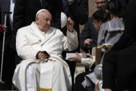 Pope Francis meets faithful at the end of his weekly general audience in St. Peter's Square, at the Vatican, Wednesday, April 24, 2024. (AP Photo/Alessandra Tarantino)