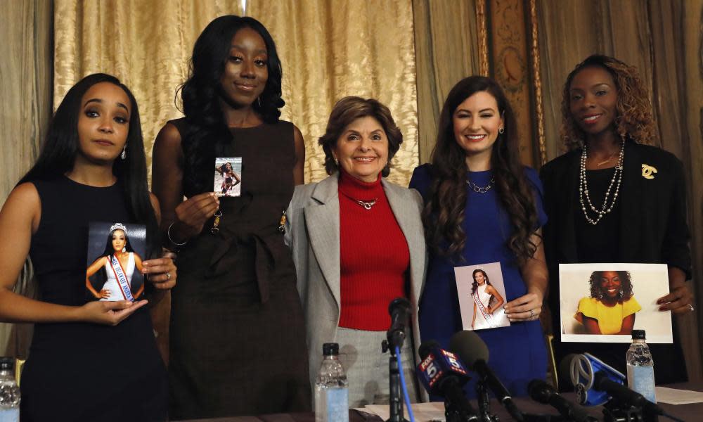 The four contestants in this year’s Mrs. America pageant, from left, Kimberly Phillips, Crissy Timpson, Gloria Allred, Brandy Palacios, and Jeri Ward, have accused the pageant’s director of making racially insensitive remarks. 