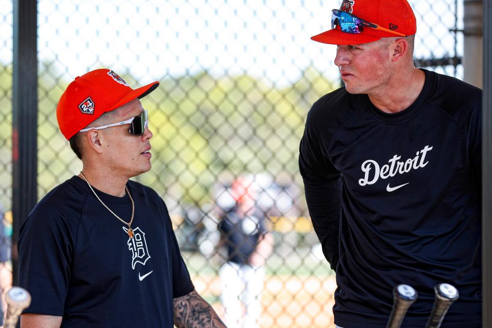 Detroit Tigers infielder Gio Urshela talks to first baseman Spencer Torkelson during spring training at TigerTown in Lakeland, Fla. on Friday, Feb. 23, 2024.