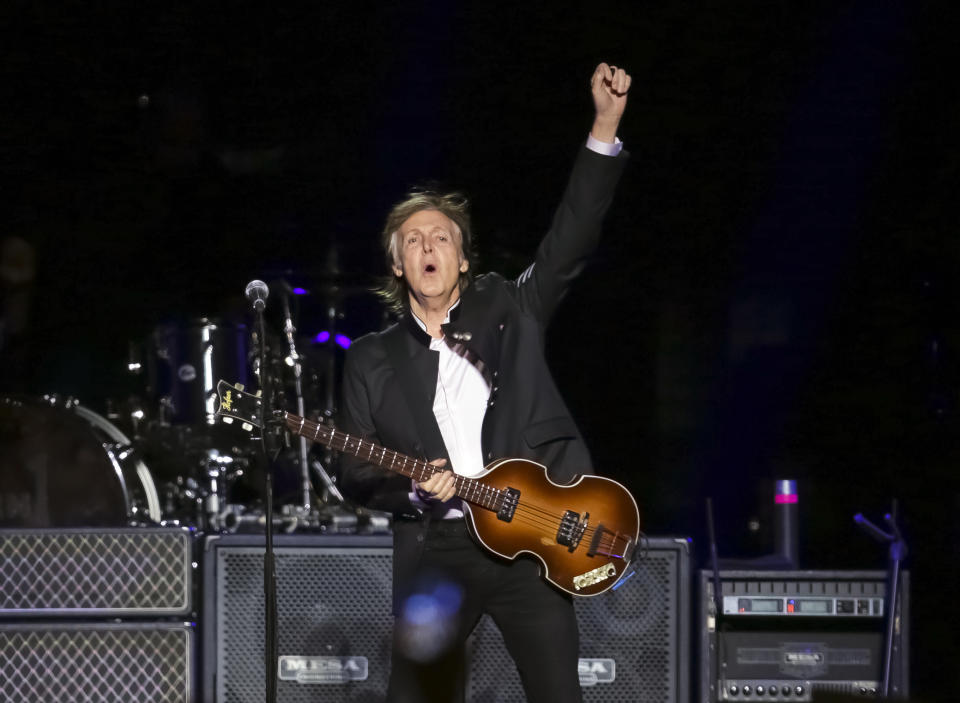 FILE - In this Monday, Sept. 11, 2017 file photo, singer/songwriter Paul McCartney performs on stage at the Prudential Center in Newark, NJ. McCartney turns 80 on June 18. (Photo by Brent N. Clarke/Invision/AP, File)