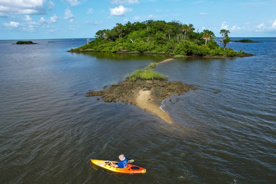 Associated Press reporter Richard Lardner kayaks to Sweetheart Island, off the coast of Yankeetown, Fla., on Aug. 5, 2023. Patrick Parker Walsh is serving five and half years in federal prison for stealing nearly $8 million in federal COVID-19 relief funds that he used, in part, to buy the island. (AP Photo/Julio Aguilar)