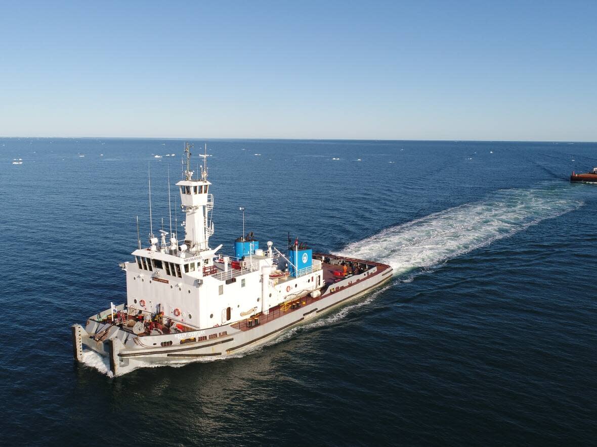 The MV Kelly Ovayuak barge is shown in this 2019 handout photo. Leaders of the N.W.T.'s northernmost communities suggest earlier staging from Tuktoyaktuk to avoid delays and cancellations for community re-supplies. (N.W.T. Department of Infrastructure/The Canadian Press - image credit)