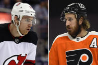 FILE - At left, in a Dec. 5, 2017, file photo, New Jersey Devils' Jimmy Hayes plays against the Columbus Blue Jackets during an NHL hockey game in Columbus, Ohio. At right, in a Tuesday, Jan. 19, 2021, file photo, Philadelphia Flyers' Kevin Hayes plays against the Buffalo Sabres in Philadelphia. Kevin Hayes spent a life in step with big brother Jimmy, a couple of kids from Boston's largest neighborhood who attended the same boarding school, same college and, ultimately, played head-to-head in the NHL. In August, Kevin Hayes stood behind to a lectern inside a jammed Catholic parish, steeled his nerves and told mourners about the best brother in the world.(AP Photo/File)