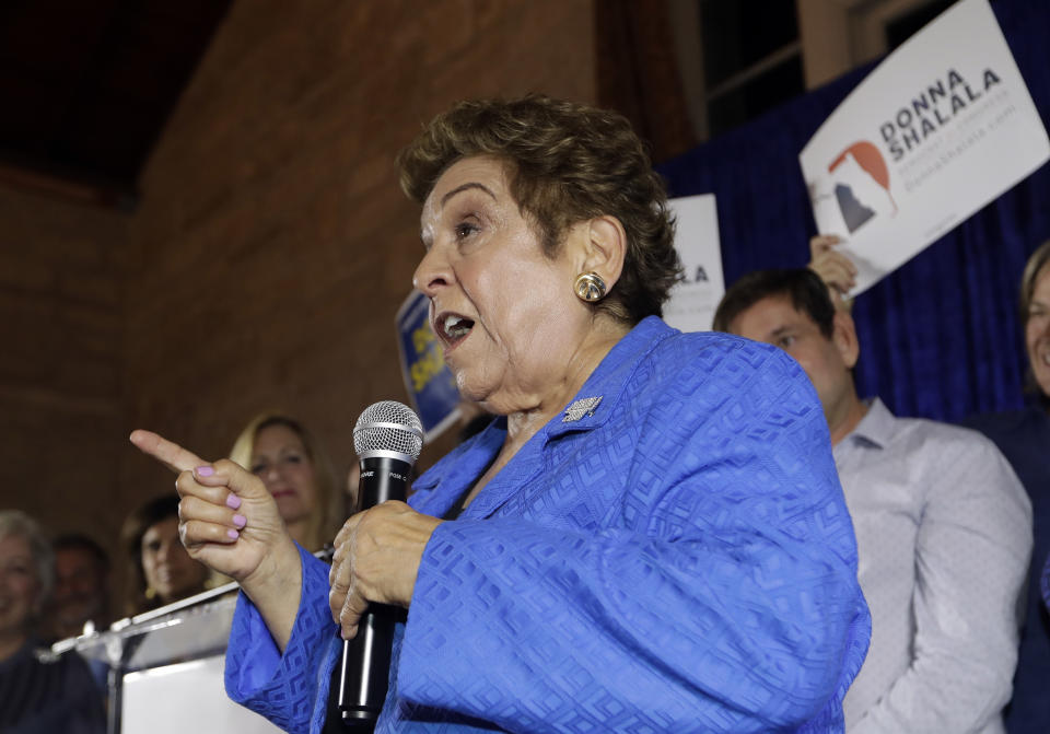 Democratic Congressional candidate Donna Shalala speaks after winning her seat during an election night watch party, Tuesday, Nov. 6, 2018, in Coral Gables, Fla. (AP Photo/Lynne Sladky)