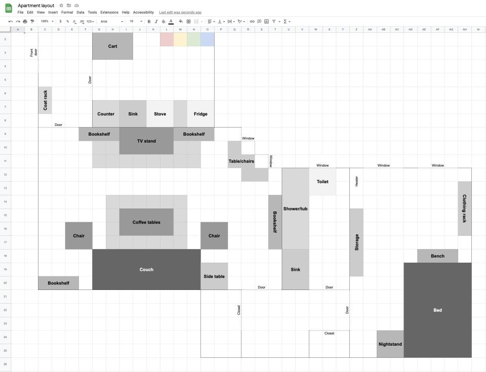 an apartment layout created in a google spreadsheet