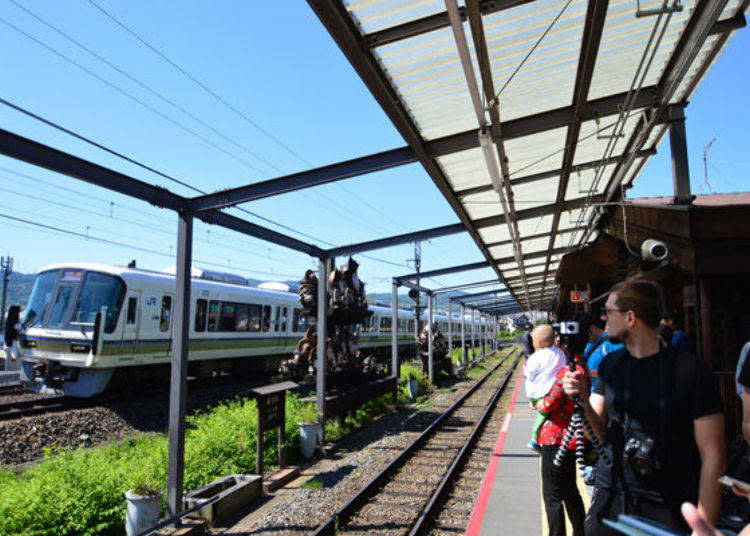 ▲兩線共駛的JR山陰線電車通過