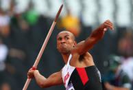 LONDON, ENGLAND - AUGUST 09: Damian Warner of Canada competes during the Men's Decathlon Javelin Throw on Day 13 of the London 2012 Olympic Games at Olympic Stadium on August 9, 2012 in London, England. (Photo by Alexander Hassenstein/Getty Images)