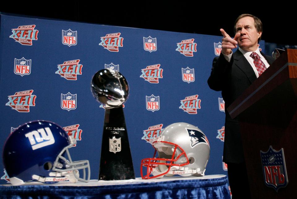 New England Patriots head coach Bill Belichick speaks at a news conference at the Phoenix Convention Center Friday, Feb. 1, 2008, in Phoenix. The New England Patriots play the New York Giants in Super Bowl XLII on Sunday, Feb. 3. (AP Photo/Eric Gay)