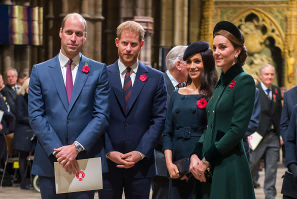 <div class="inline-image__caption"><p>Prince William, Duke of Cambridge and Catherine, Duchess of Cambridge, Prince Harry, Duke of Sussex and Meghan, Duchess of Sussex attend a service marking the centenary of WW1 armistice at Westminster Abbey on November 11, 2018 in London, England.</p></div> <div class="inline-image__credit">Paul Grover- WPA Pool/Getty Images</div>