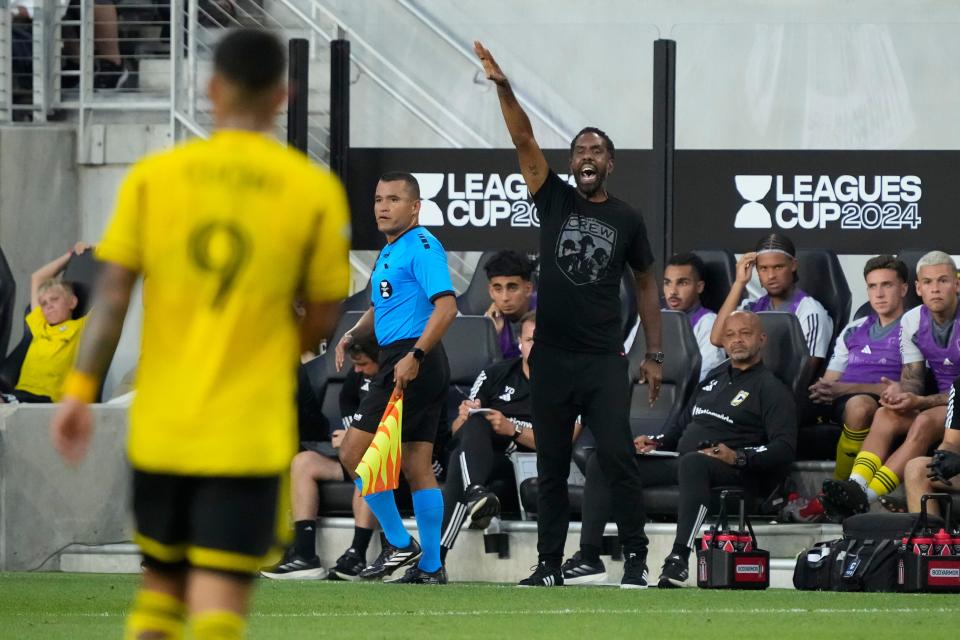 Aug 13, 2024; Columbus, Ohio, USA; Columbus Crew head coach Wilfried Nancy yells during the first half of the Leagues Cup round of 16 game against Inter Miami CF at Lower.com Field. The Crew won 3-2.