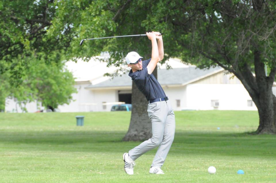 Sacred Heart's Luke Newell tees off during the Class 2A state golf championships Monday, May 23 2022 at Emporia Municipal Golf Course.