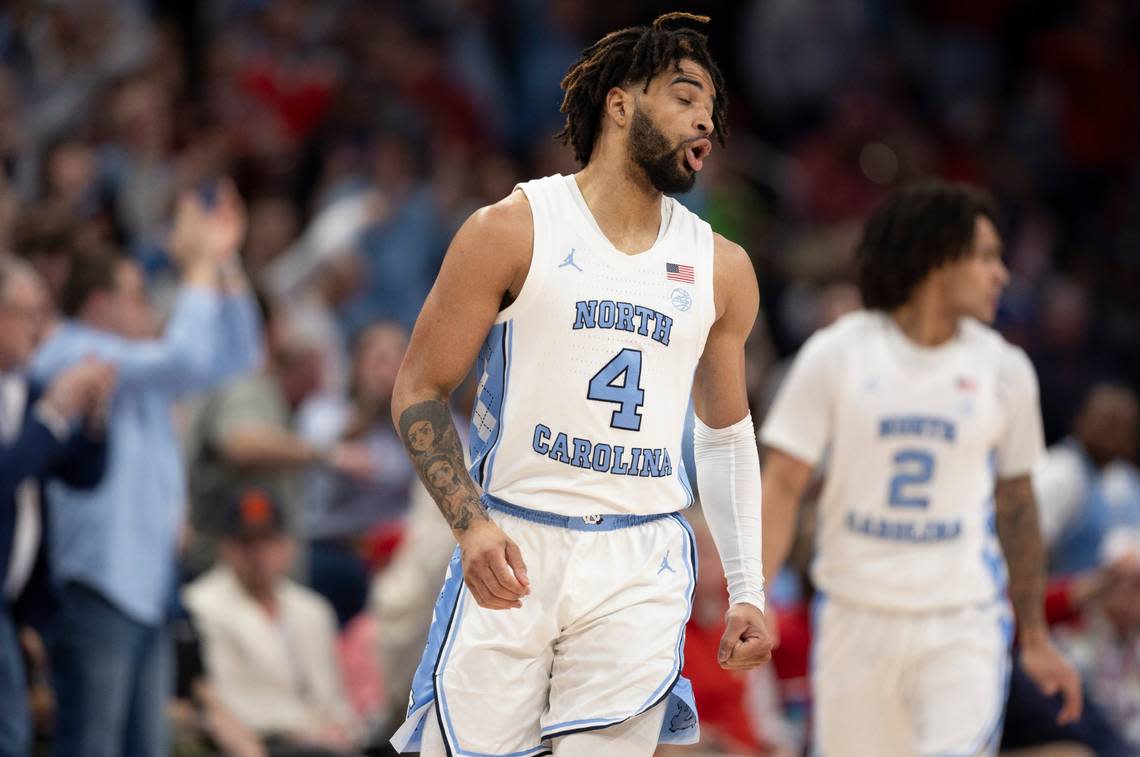 North Carolina’s R.J. Davis (4) reacts after sinking a three point basket in the first half against N.C. State in the first half against N.C. State during the ACC Men’s Basketball Tournament Championship at Capitol One Arena on Saturday, March 16, 2024 in Washington, D.C.