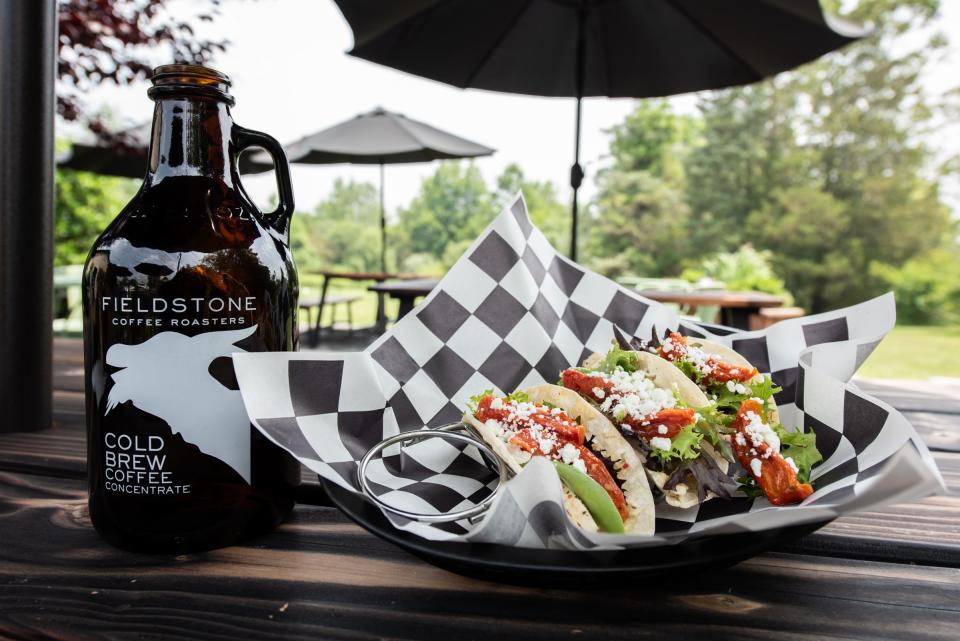 Fieldstone Coffee Roasters in Haycock serves a variety of breakfast and lunch items available for eat-in or take-out, such as these greek tacos, made with grilled chicken, hummus, goat cheese, greens and roasted tomatoes.