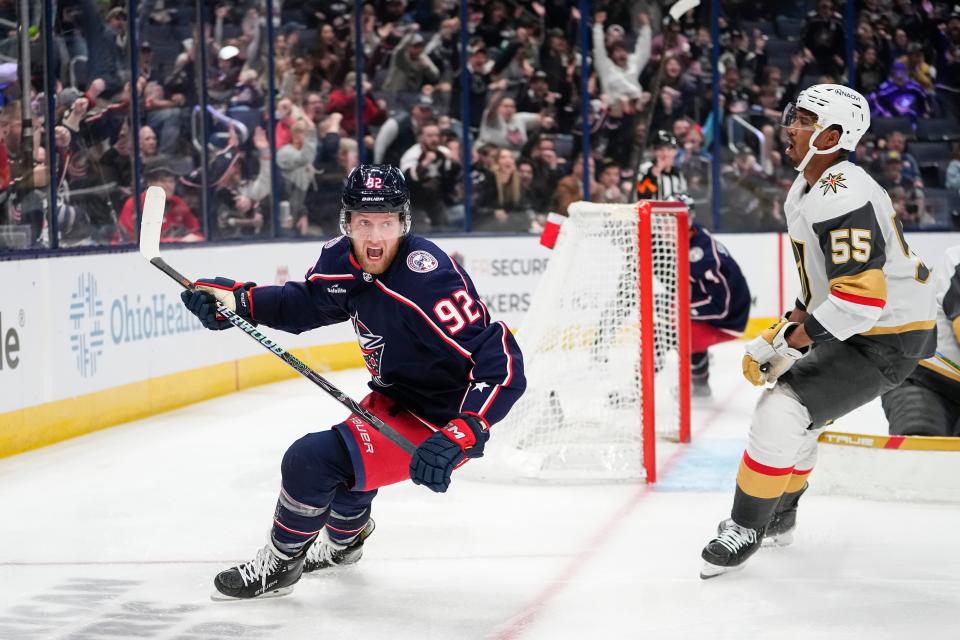 Mar 4, 2024; Columbus, Ohio, USA; Columbus Blue Jackets left wing Alexander Nylander (92) celebrates his second of three goals against the Vegas Golden Knights during the third period of the NHL hockey game at Nationwide Arena. The Blue Jackets won 6-3.