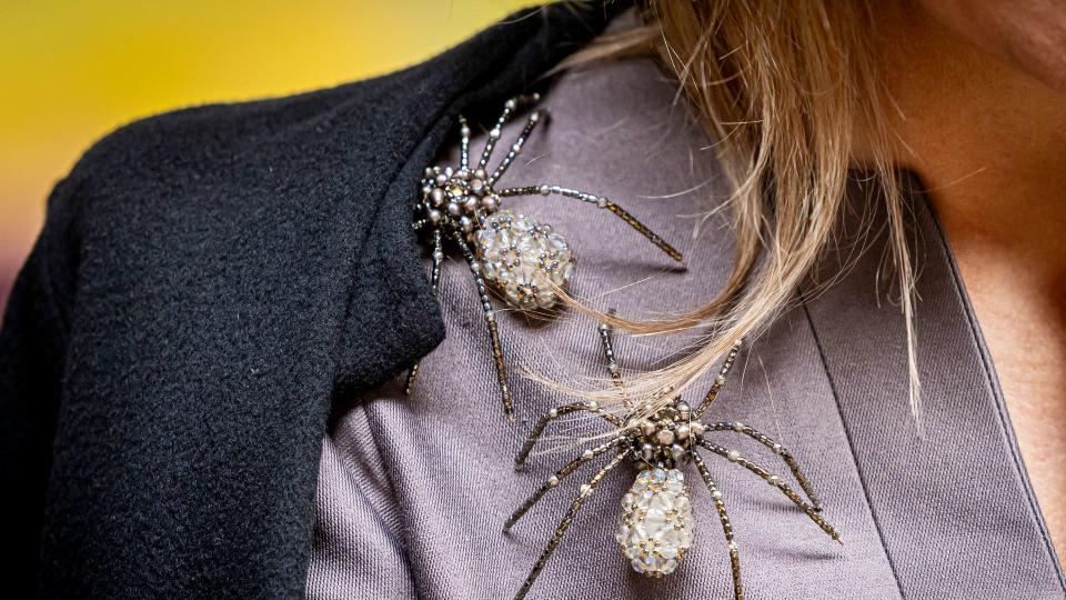 The Dutch monarch's creepy crawly crystal brooches were pinned to her right shoulder