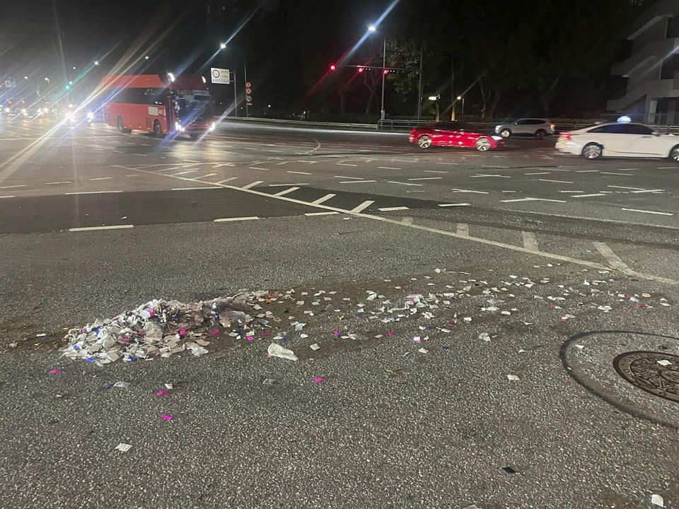 This photo provided by South Korea Defense Ministry, shows trash from a balloon presumably sent by North Korea, in Seoul, South Korea, Wednesday, May 29, 2024. In another sign of tensions between the war-divided rivals, South Korea's Joint Chiefs of Staff said North Korea also has been flying large numbers of balloons carrying trash toward the South since Tuesday night, in an apparent retaliation against South Korean activists for flying anti-Pyongyang propaganda leaflets across the border. (South Korea Presidential Office via AP)
