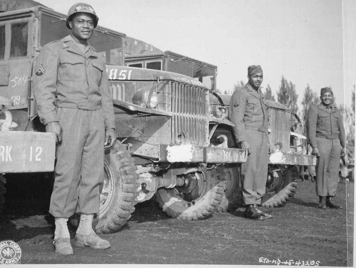 Shown here in May 1945, these black soldiers were attached to the 666th Quartermaster Truck Company that was part of the Red Ball Express. <a href="https://catalog.archives.gov/OpaAPI/media/535533/content/arcmedia/media/images/43/1/43-0066a.gif" rel="nofollow noopener" target="_blank" data-ylk="slk:National Archives;elm:context_link;itc:0;sec:content-canvas" class="link ">National Archives</a>