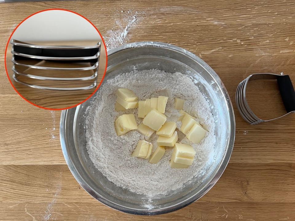 A bowl full of flour and butter with an inset of a pastry cutter.